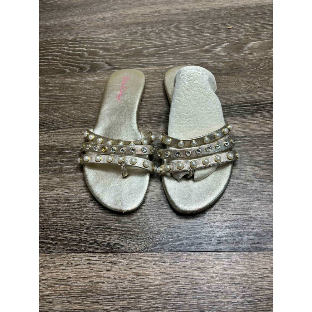 Lilly Pulitzer Embellished Sandals‎ Size 7 Gold Pearl Jewel Thong Flat